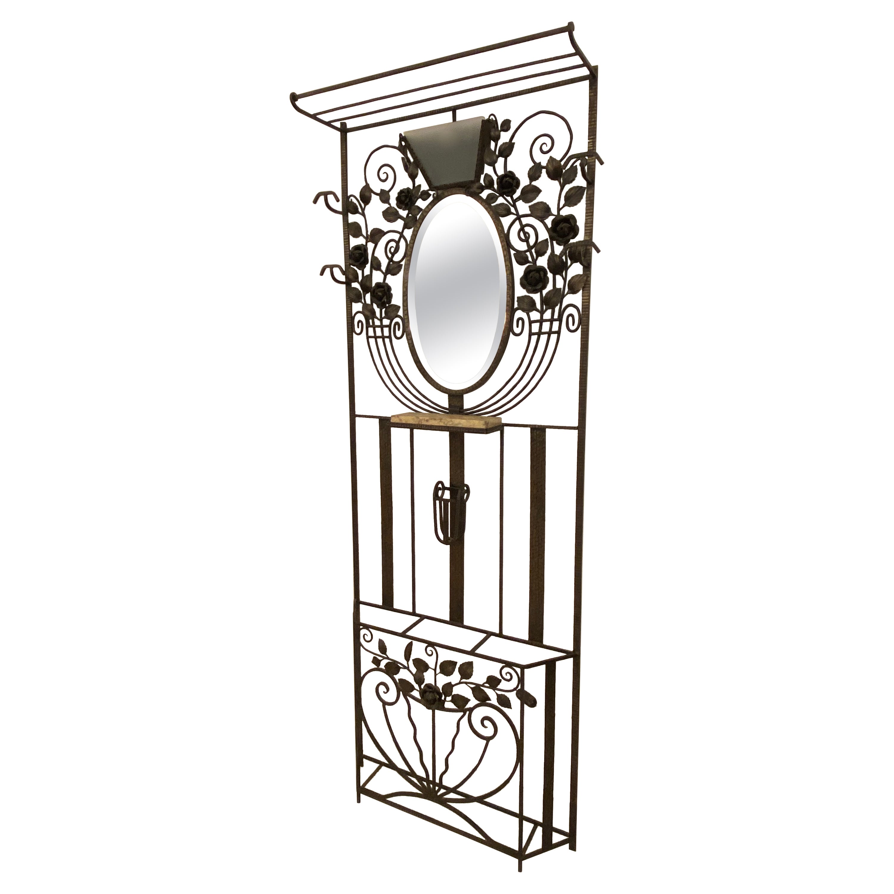 French Art Deco Hall Tree Coat Rack with Glass Light Sconce For Sale