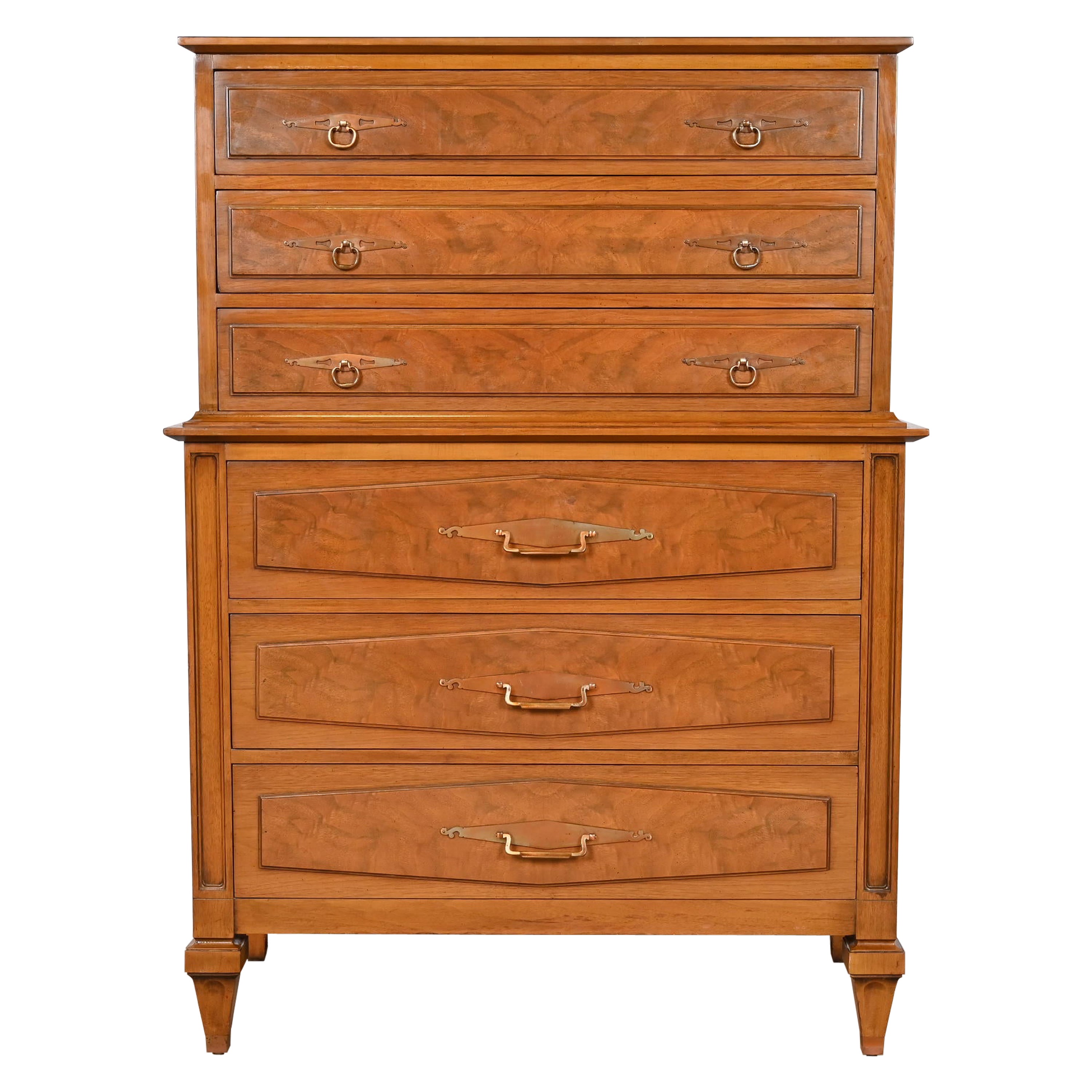 Romweber Mid-Century Hollywood Regency Walnut and Burl Wood Highboy Dresser