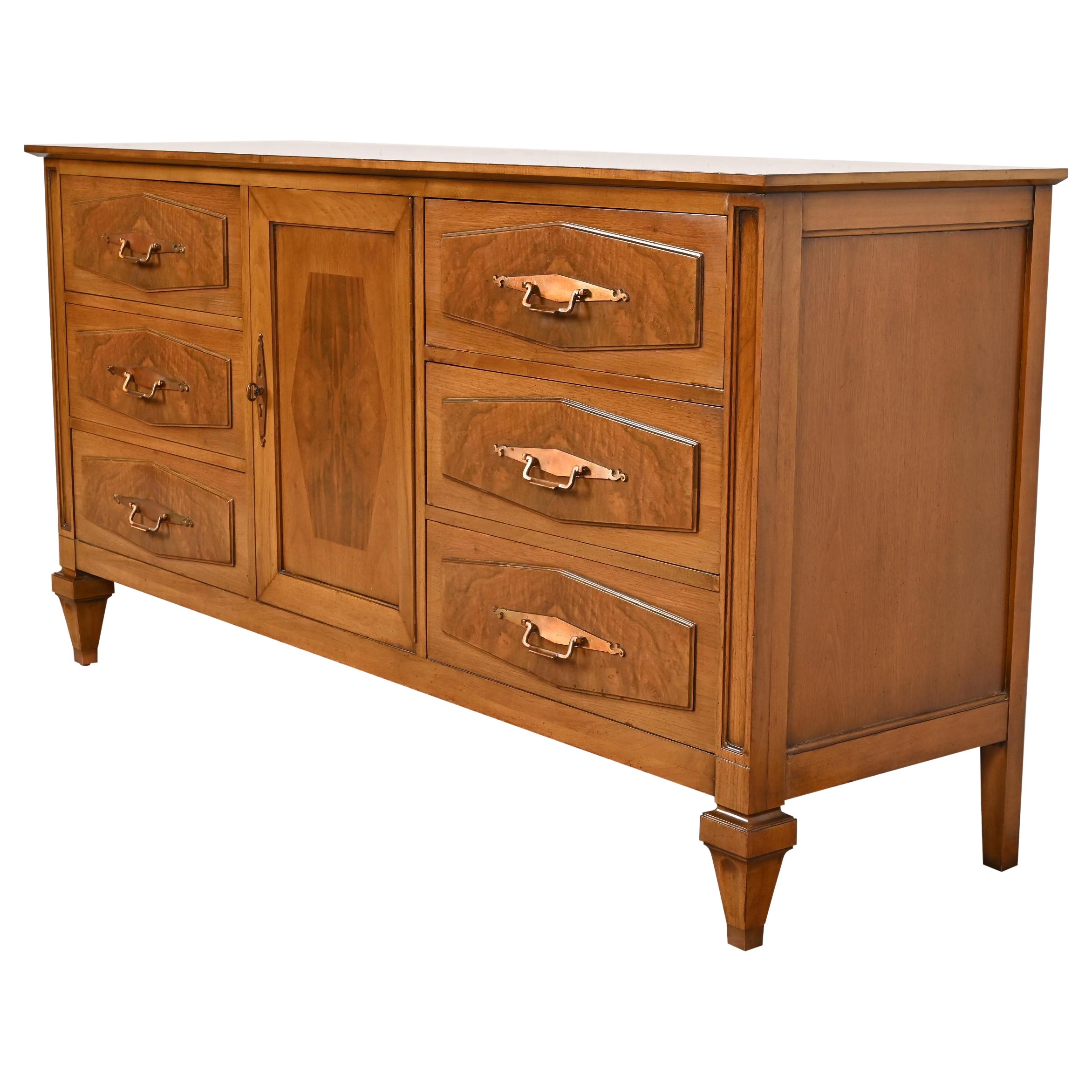 Romweber Mid-Century Hollywood Regency Walnut and Burl Wood Dresser or Credenza