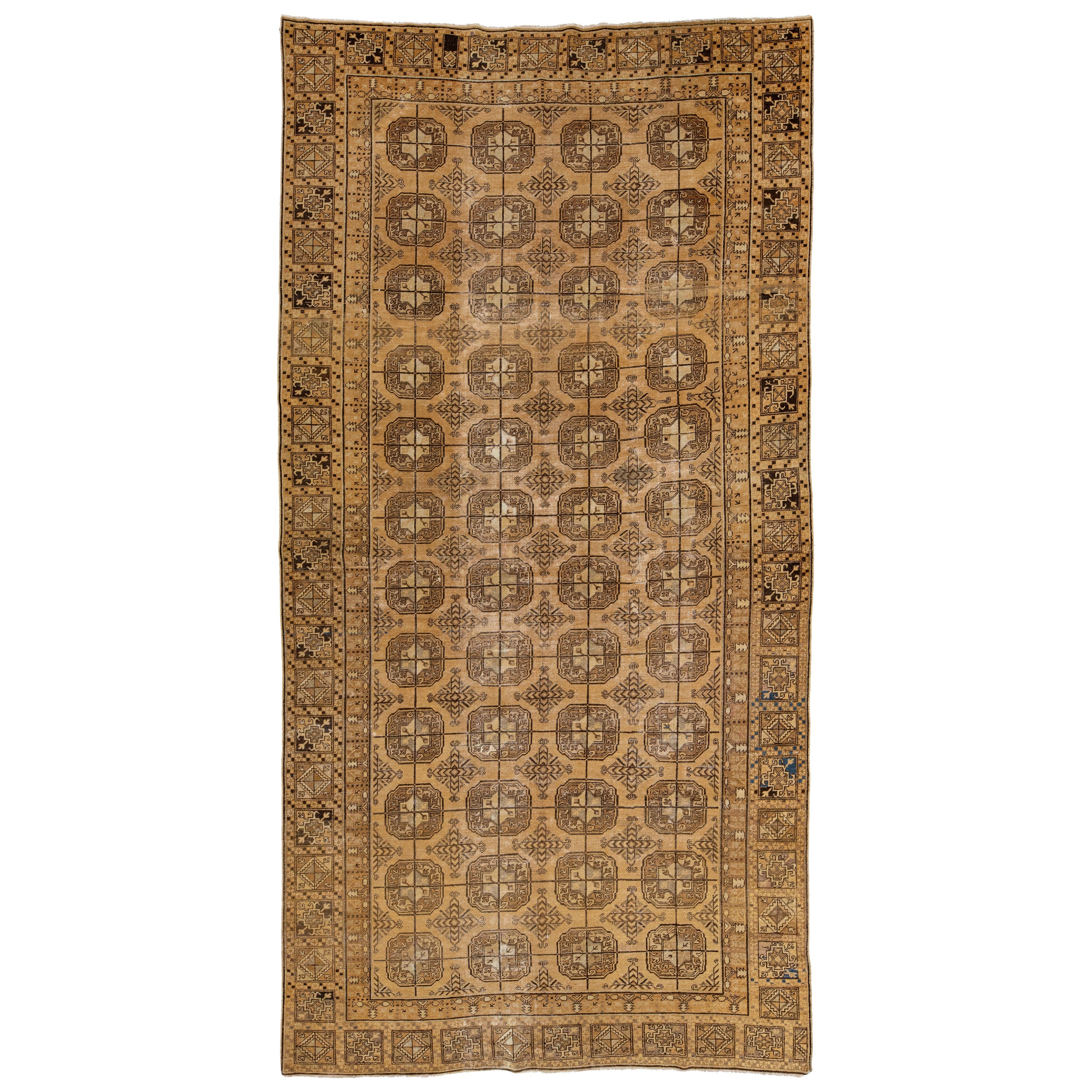 Tapis Khotan antique fait à la main en laine de couleur brun clair avec motif géométrique, années 1900