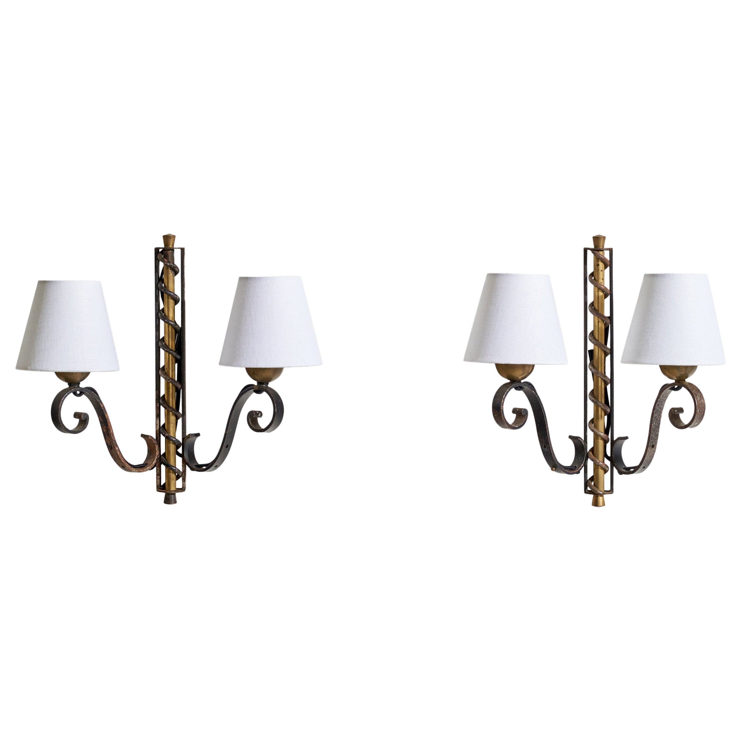 French Designer, Wall Lights, Brass, Iron, Fabric, France, 1940s