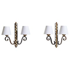 French Designer, Wall Lights, Brass, Iron, Fabric, France, 1940s