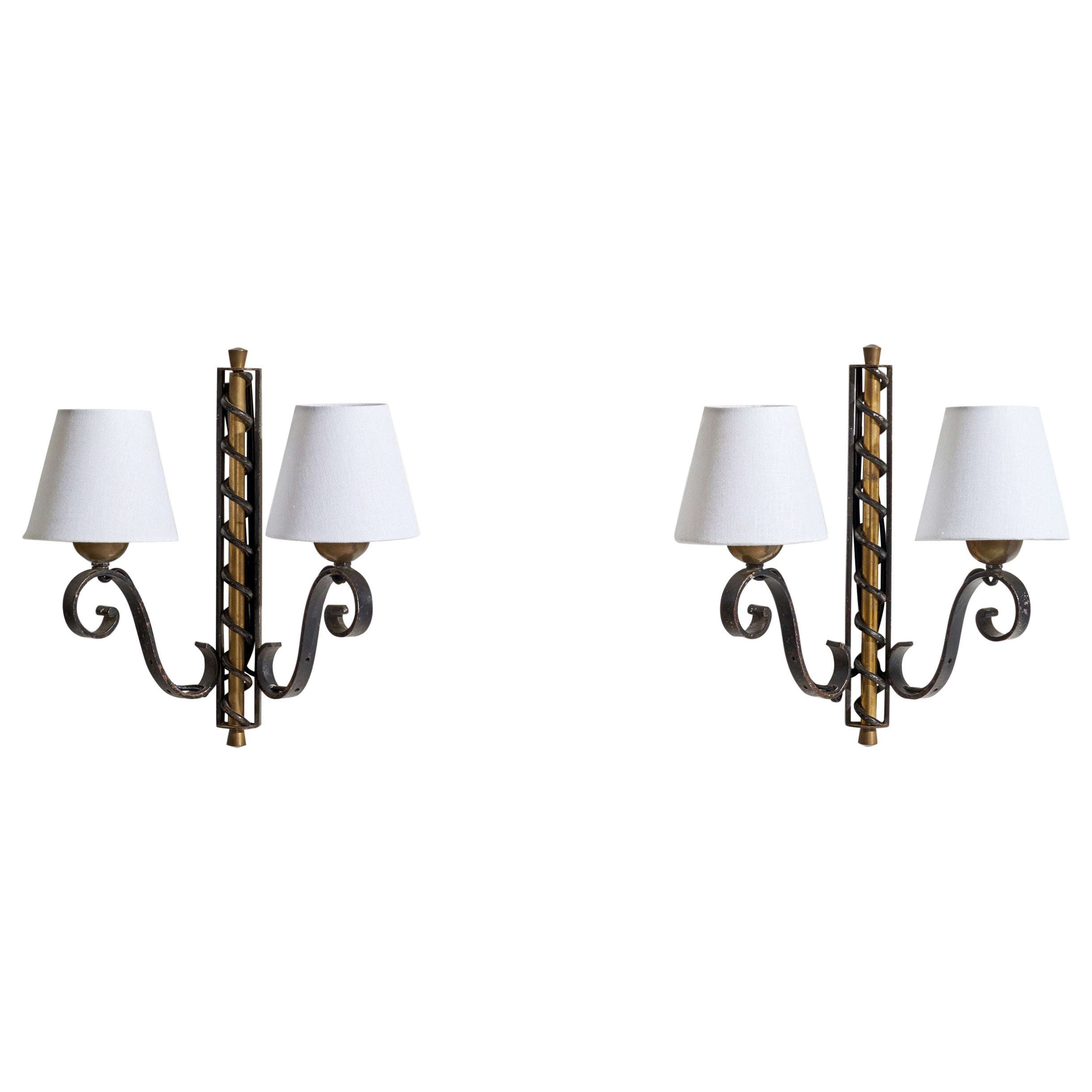 French Designer, Wall Lights, Brass, Iron, Fabric, France, 1940s