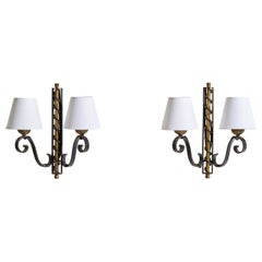 French Designer, Wall Lights, Brass, Iron, Fabric, France, 1940s