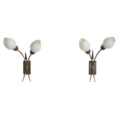French Designer, Wall Lights, Brass, Glass, France, 1950s