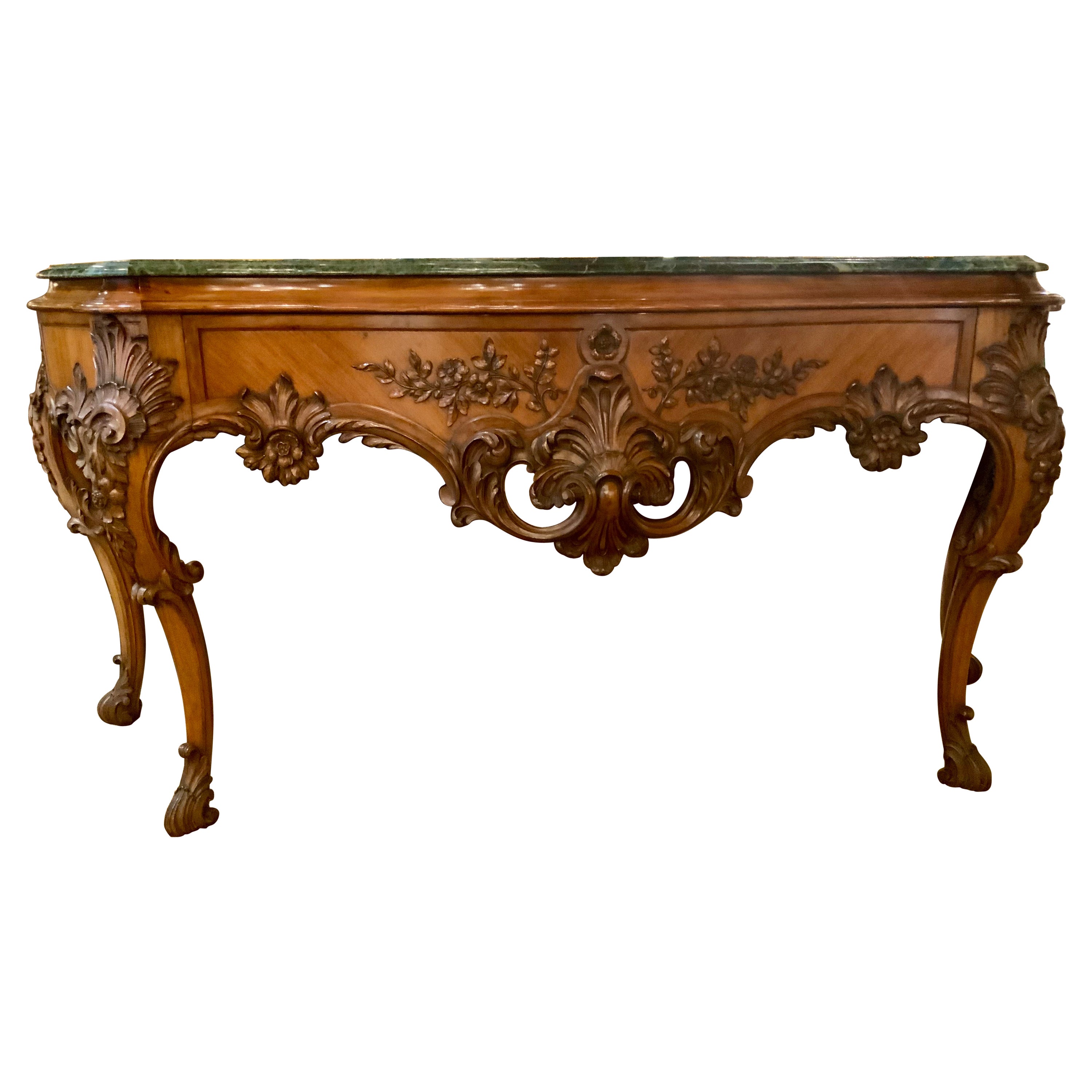 American console with green marble top, rosewood in transitional style For Sale