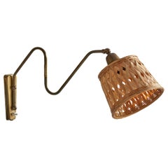 Danish Designer, Wall Light, Brass, Rattan, Denmark, 1940s