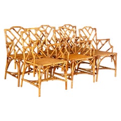 Restored Refinished Italian Rattan Chippendale Arm Six Dining Chairs