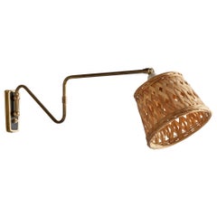 Danish Designer, Wall Light, Brass, Rattan, Denmark, 1940s