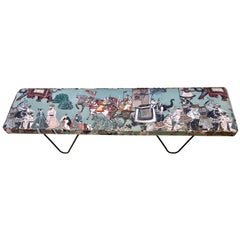 Vintage Bench Newly Upholstered in Patterned Velvet Indian Life Scenes, 1970s