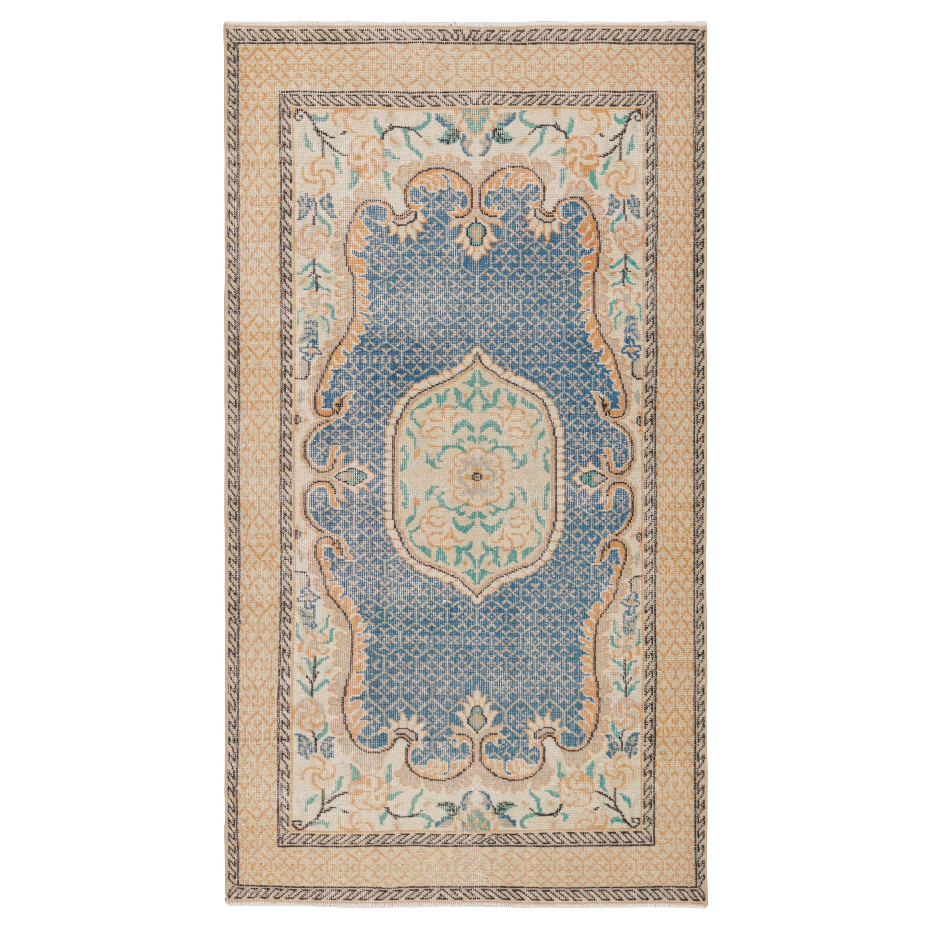 Vintage Zeki Müren Rug in Blue with Colorful Floral Medallion, from Rug & Kilim
