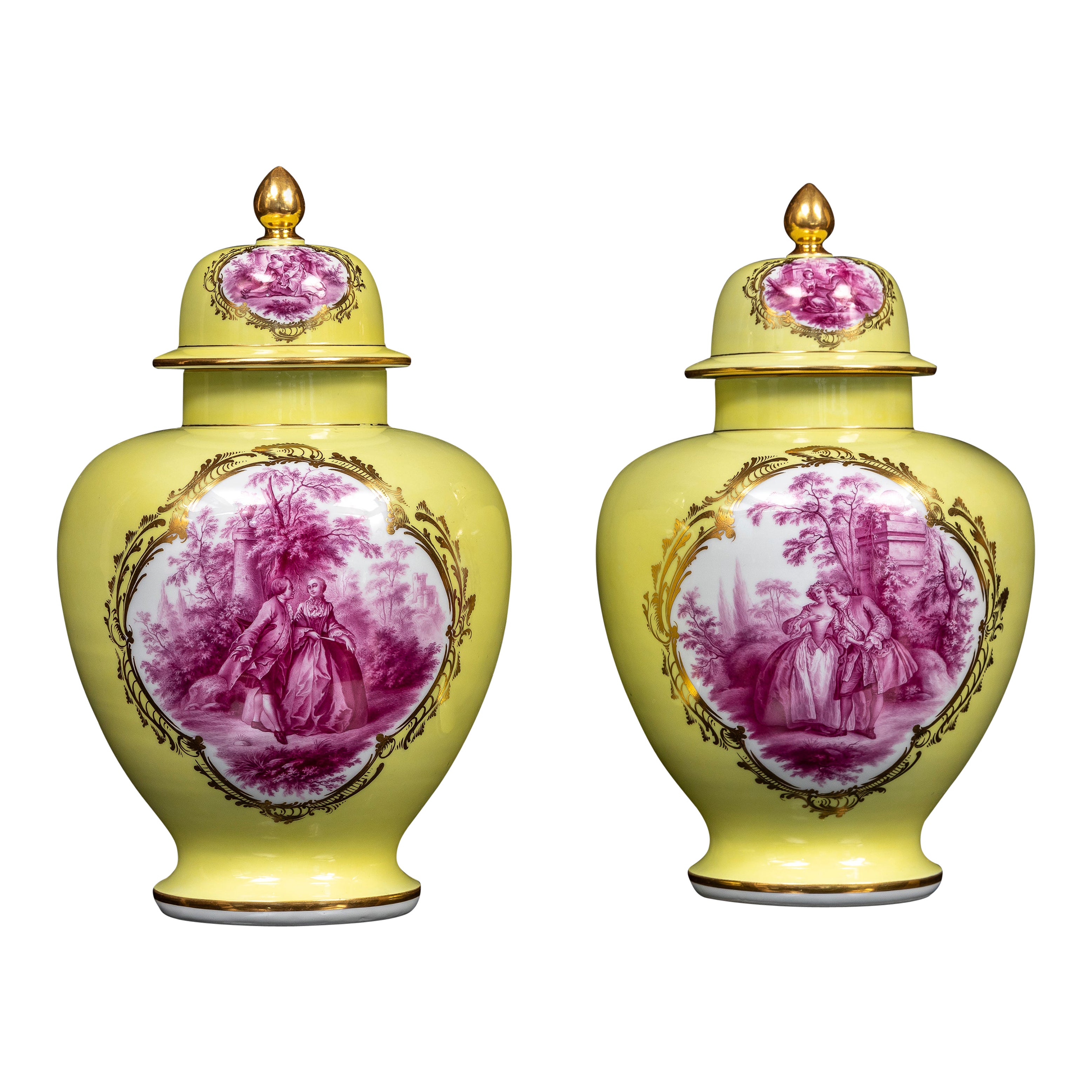Pair Meissen Porcelain Yellow Ground Puce Covered Vases w/ Watteau Painted scene