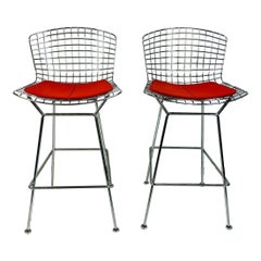 Pair of Harry Bertoia Wire Barstools for Knoll With Red Pads, Signed