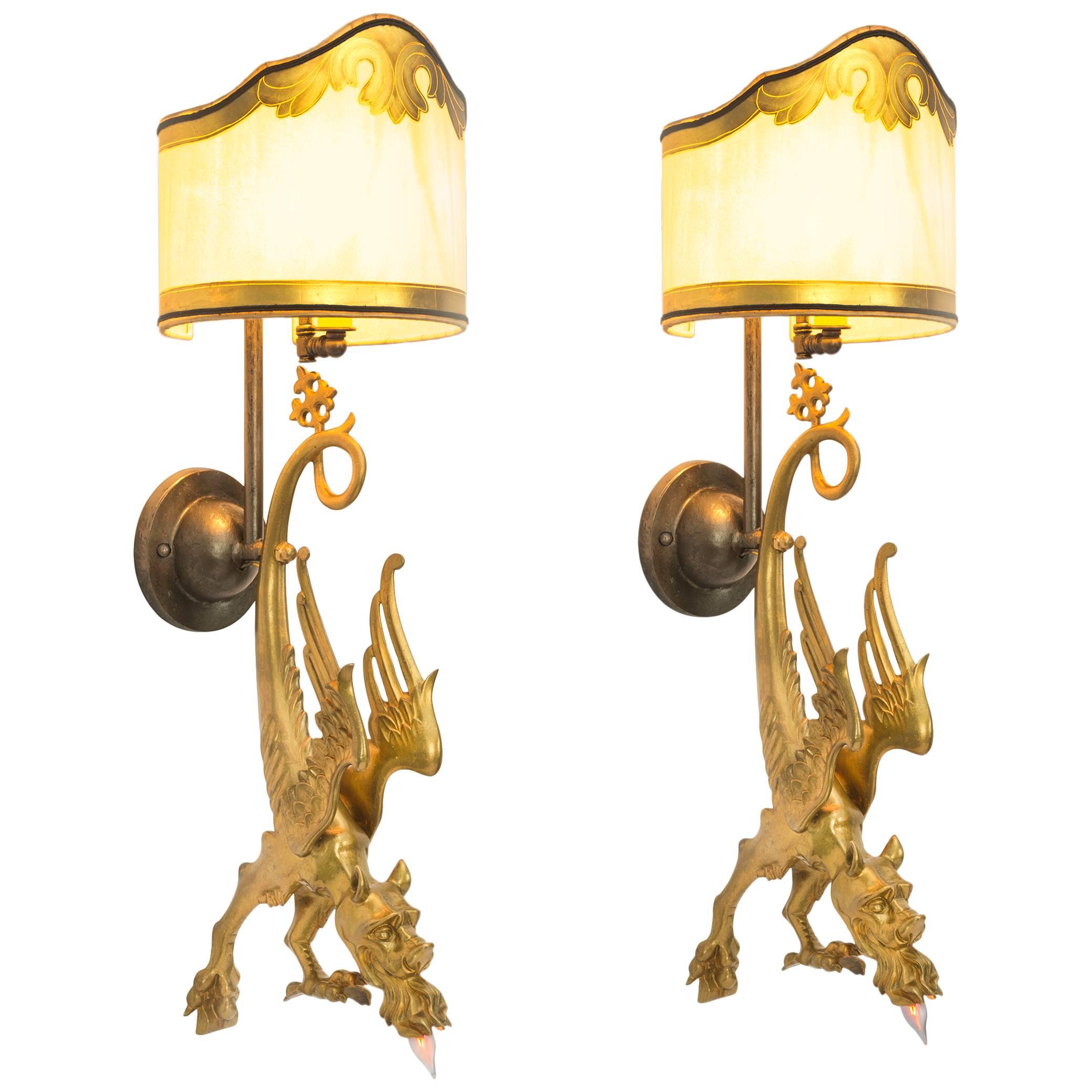 Pair of Gilt Bronze Griffin Dragon Wall Sconces