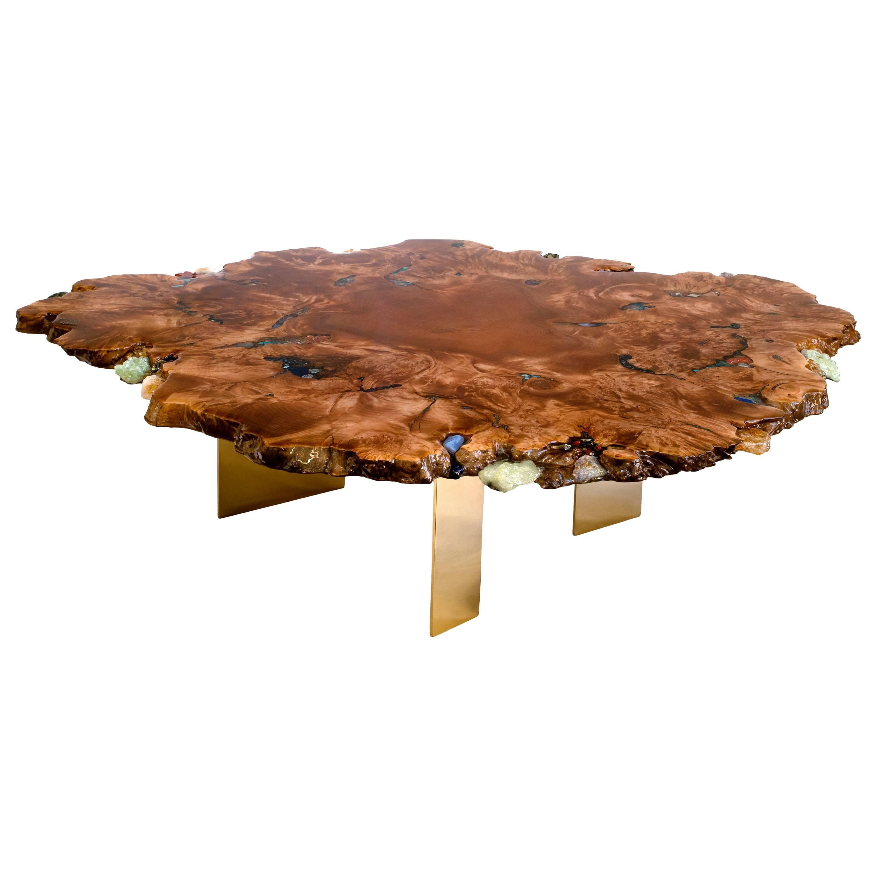 Round coffee table in wood with crystal and gemstone inlay