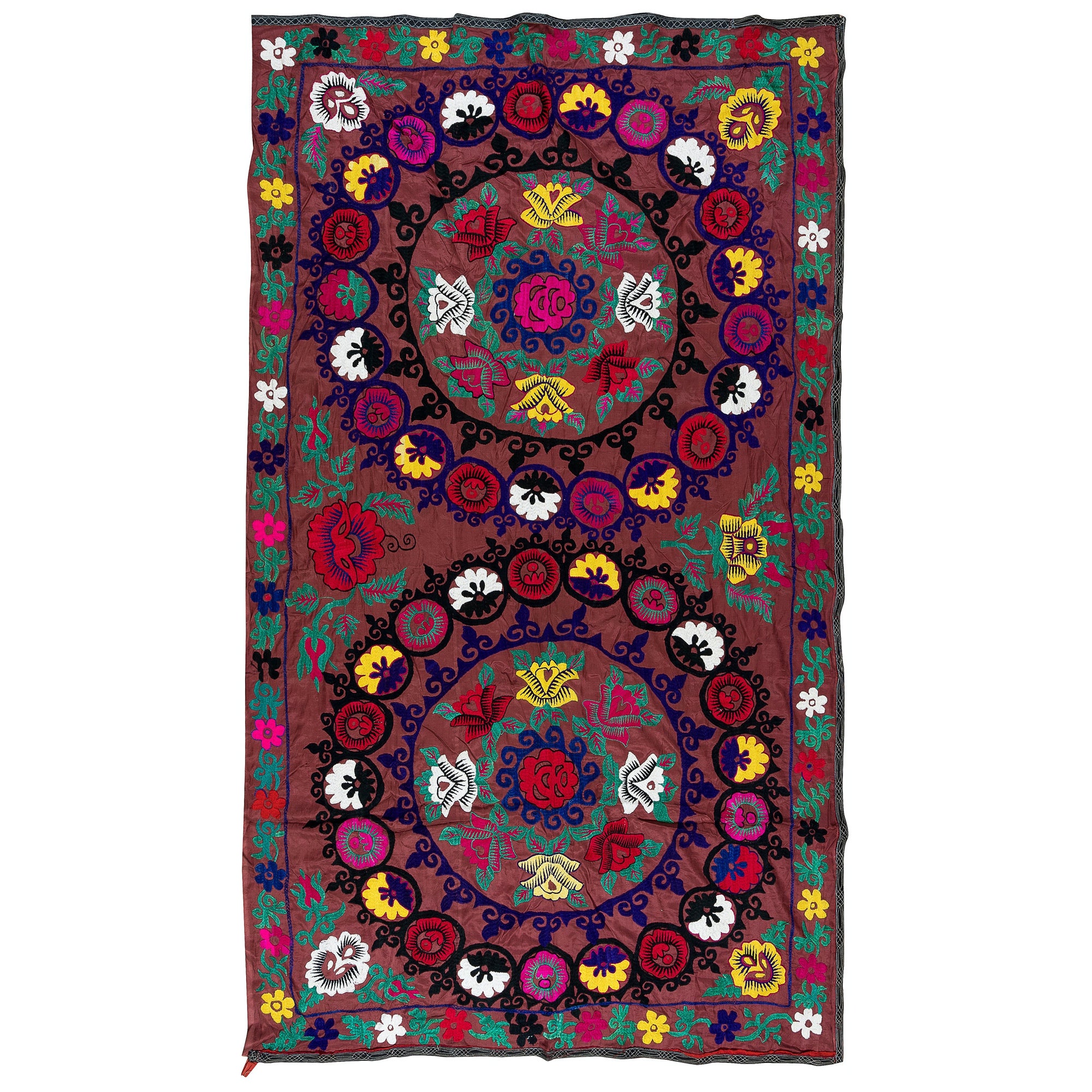 Cubrecama de Seda Bordada de 1,5 x 1,4 m, Colgante de Pared Rojo Oscuro, Lana Uzbeka