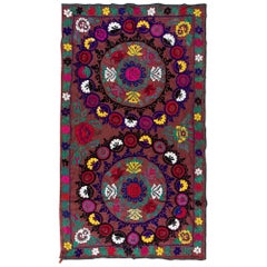 Cubrecama de Seda Bordada de 1,5 x 1,4 m, Colgante de Pared Rojo Oscuro, Lana Uzbeka