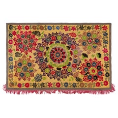 5x8 Ft Suzani 1979s Tapestry, Silk Embroidered Wall Hanging, Yellow Bedspread