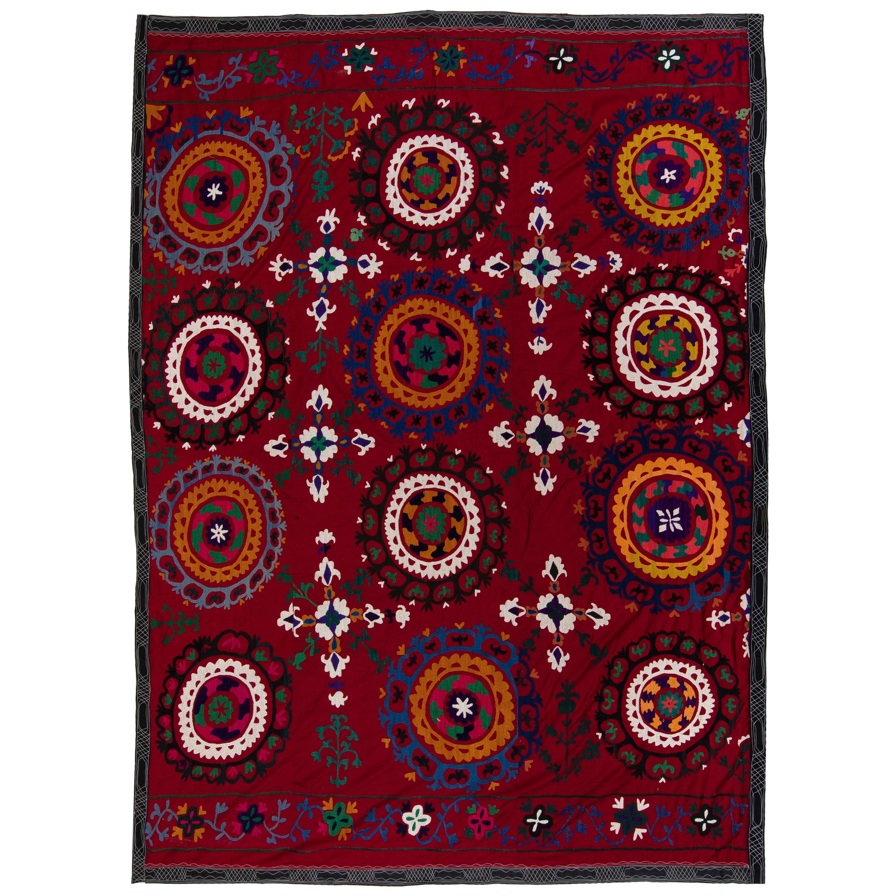 6.4x8.4 Ft Silk Embroidery Bed Cover, Burgundy Red Throw, Vintage Wall Hanging en vente