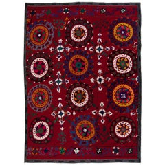 Copriletto con ricamo in seta 6,4x8,4 Ft, lancio rosso borgogna, appendiabiti da parete vintage