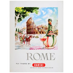 Original Vintage Travel Advertising Poster Rome Italy Fly Qantas Harry Rogers