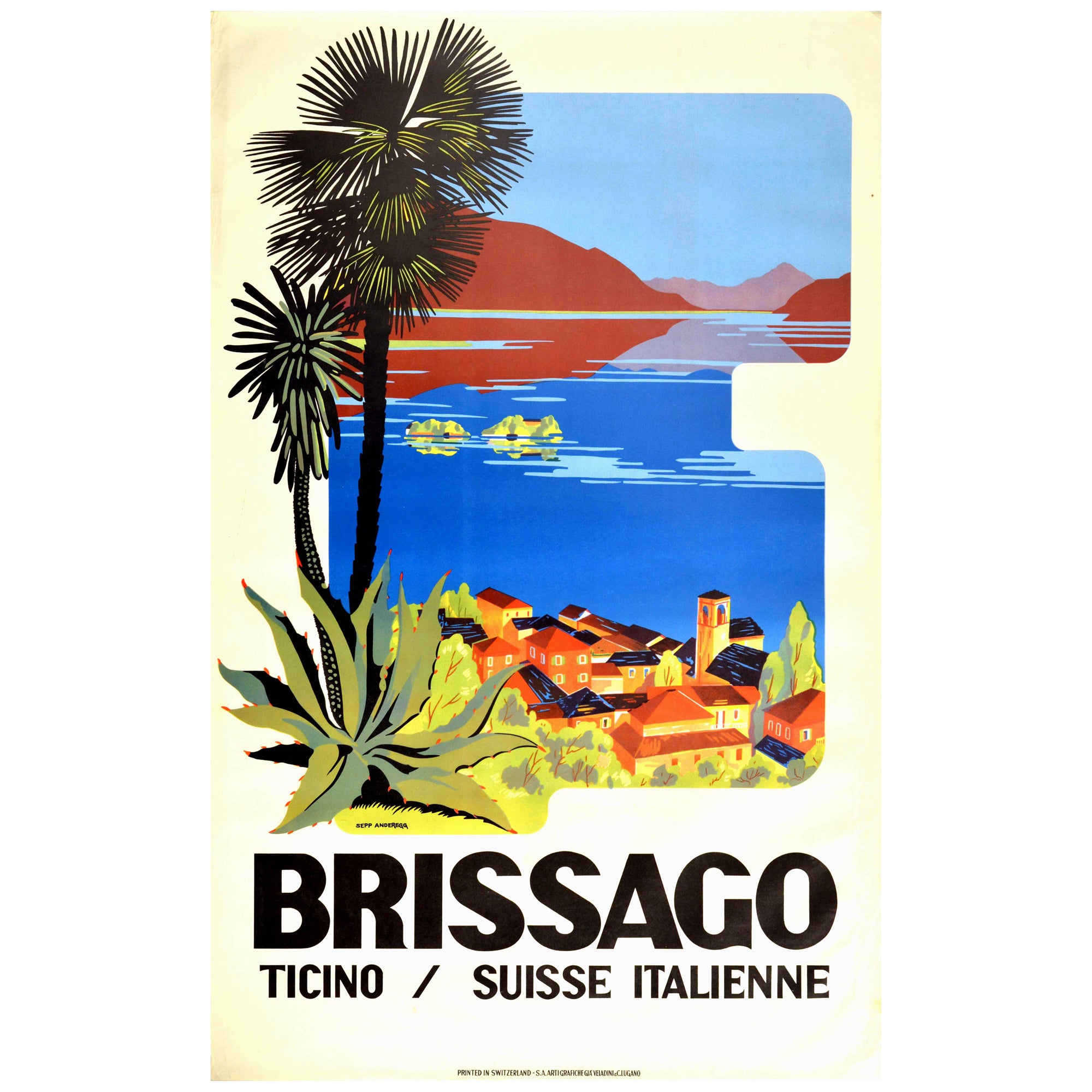 Affiche publicitaire vintage originale de voyage Brissago Ticino Suisse Anderegg en vente