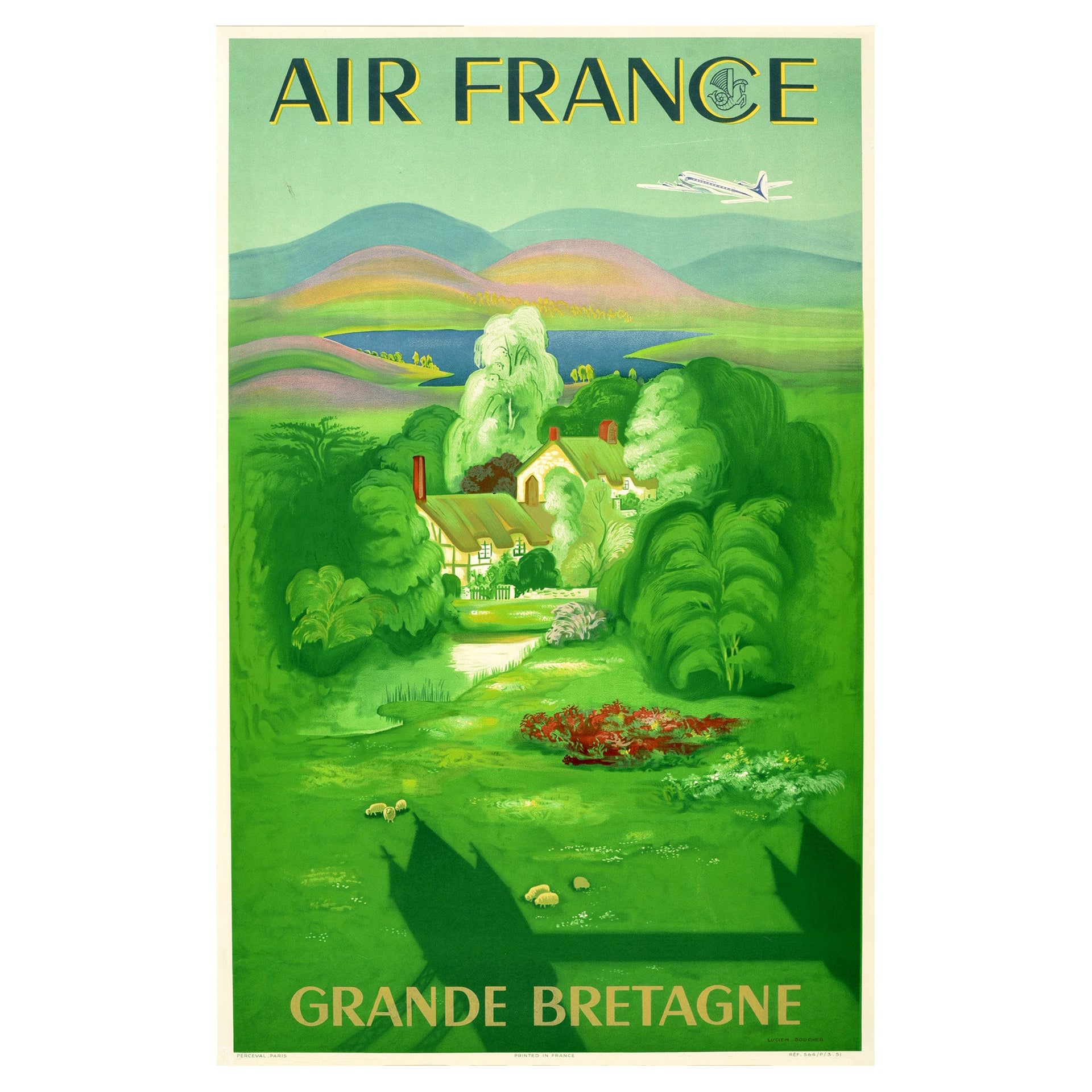 Affiche de voyage originale d'Air France, Grande-Bretagne et de Lucien Boucher