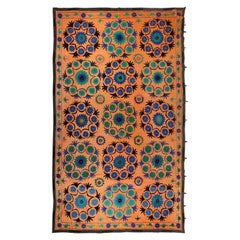 Grand couvercle de lit Suzani en soie brodée de fleurs ouzbekes vintage orange 7,4x12 Ft