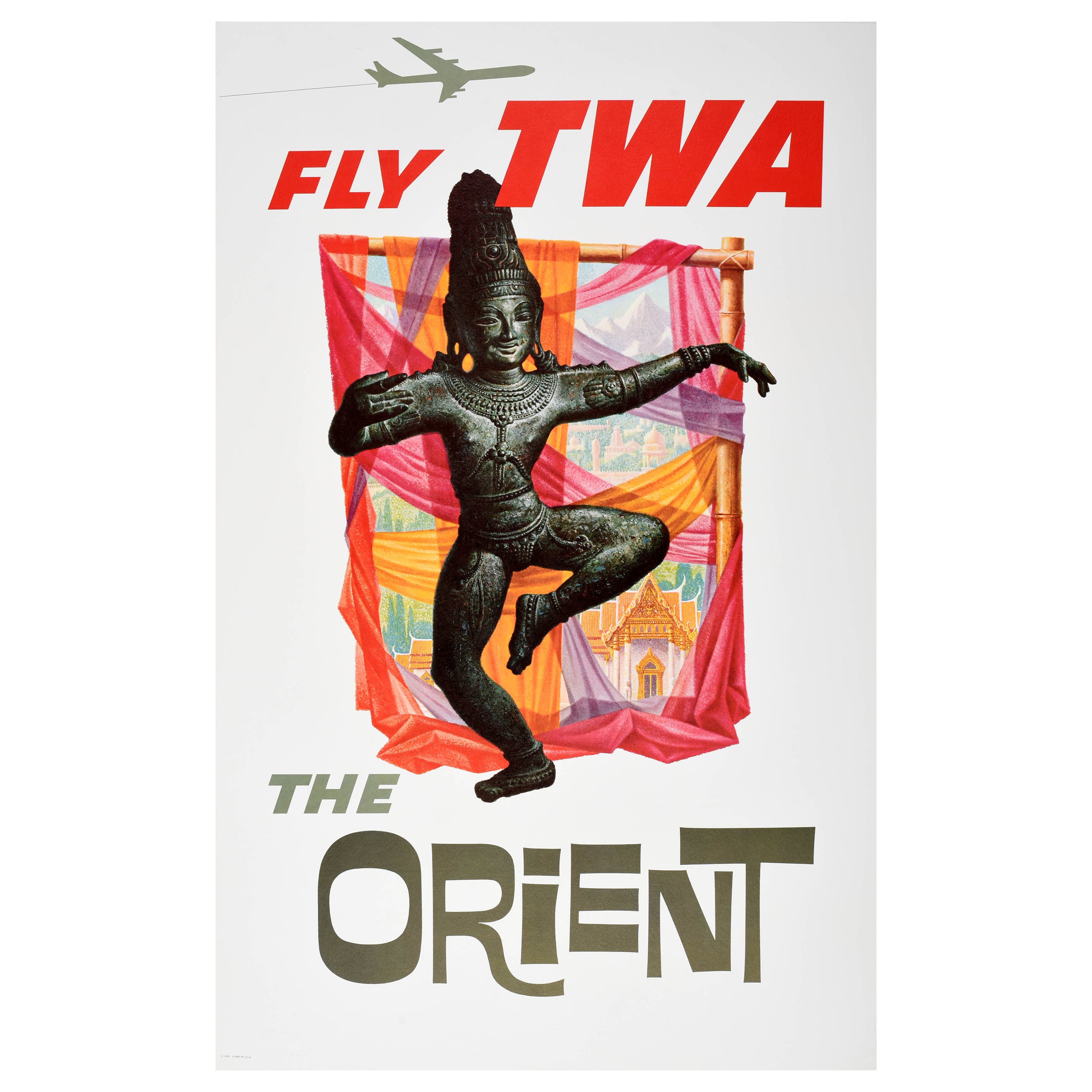 Poster pubblicitario d'epoca per i viaggi in Asia Fly TWA The Orient David Klein