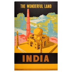 Original Vintage Asiatisches Reiseplakat, „The Wonderful Land India Delhi Taj Mahal“, Delhi