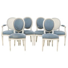 20th C. French Louis XVI Style, Painted, Blue Velvet, Dining Chairs, Set of 6