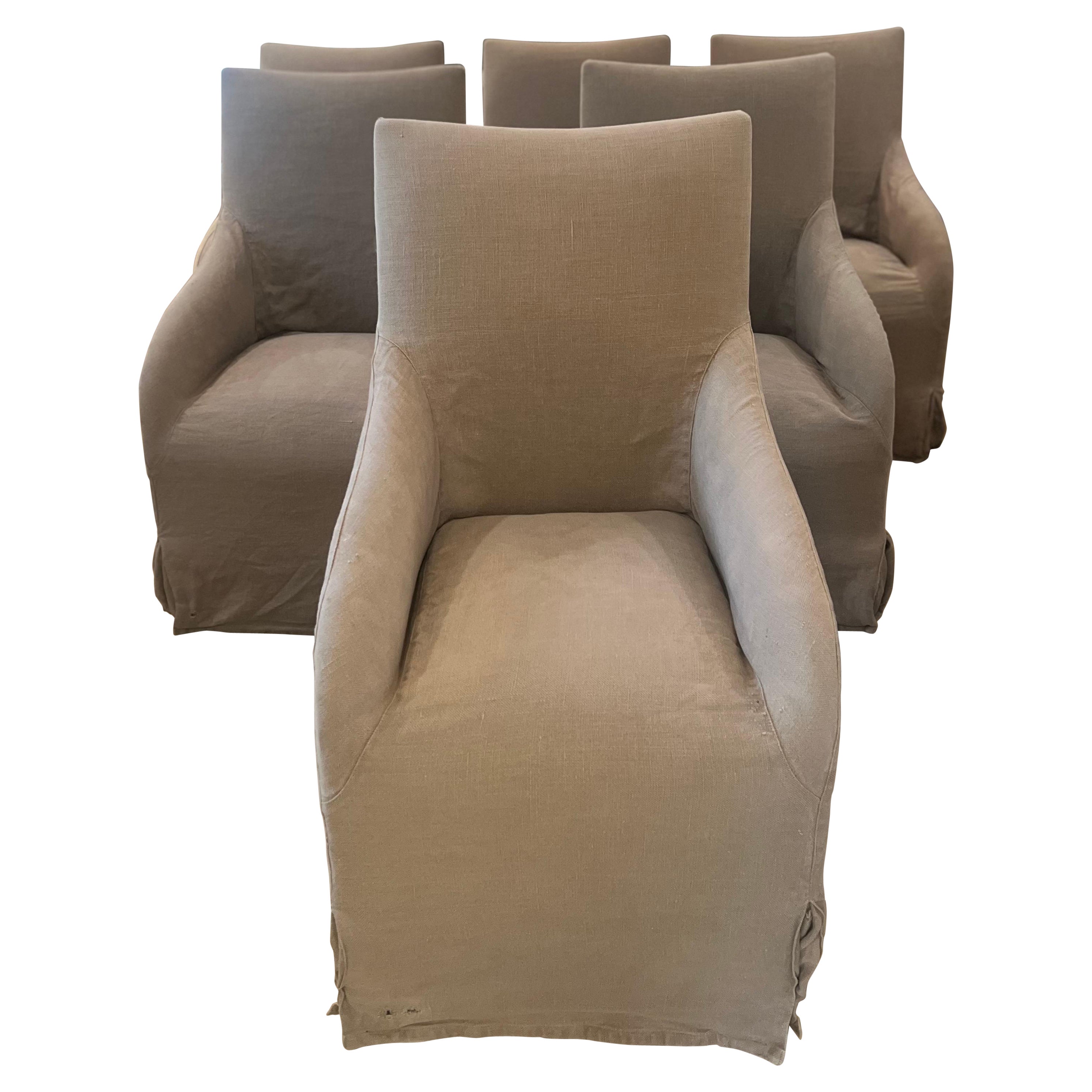 Verellen Julien Dining Chairs on Casters - Brown Linen Slipcovers - Set of 6