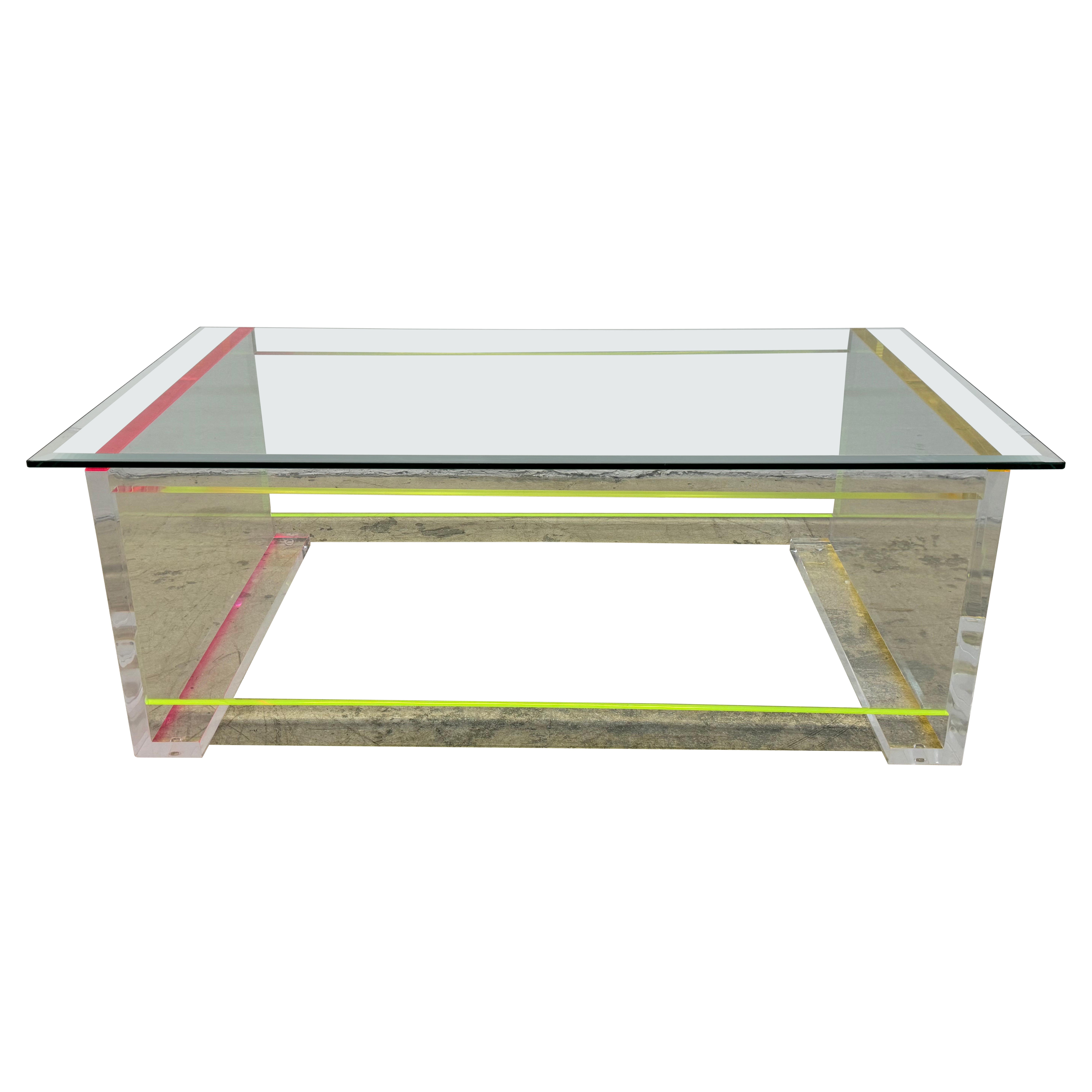 Contemporary Neon Color Edge Lucite Coffee Table With Beveled Glass Top