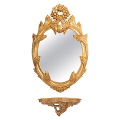 Specchio da parete dorato in legno con piedistallo in legno di epoca successiva