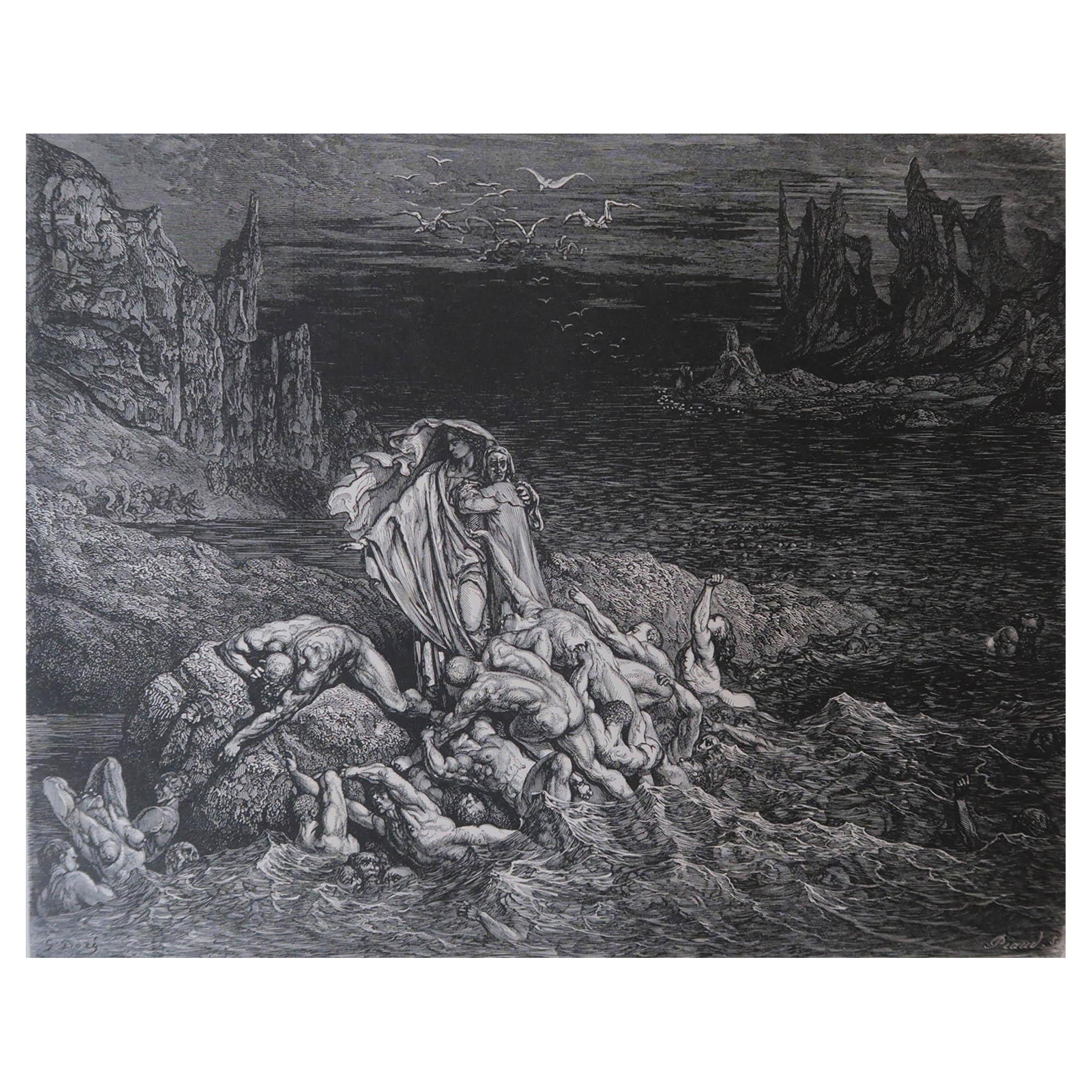 Grande stampa originale antica di Gustave Doré, "Il lago Stige".