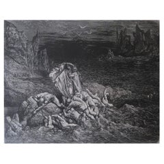 Grande stampa originale antica di Gustave Doré, "Il lago Stige".