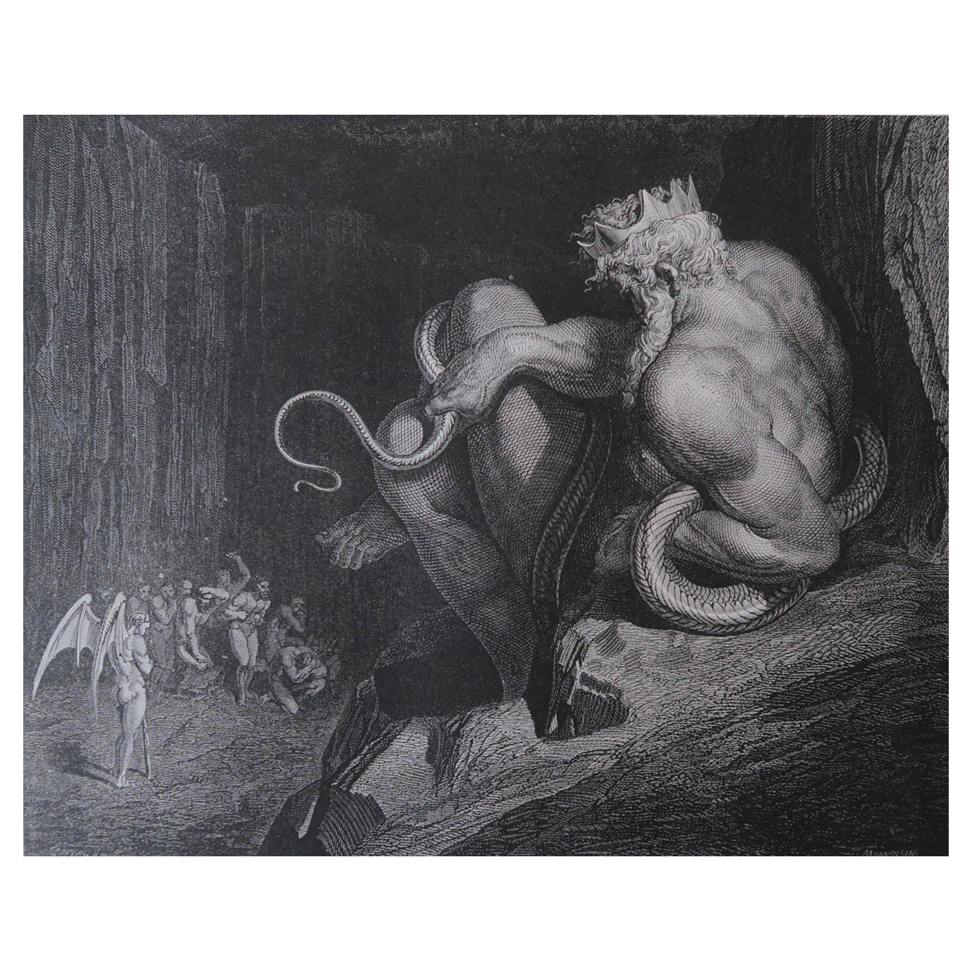 Grande stampa originale antica di Gustave Doré, "Minosse".