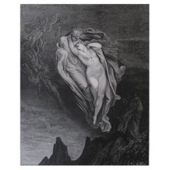 Large Original Antique Print By Gustave Doré, " The Tortured Lovers "