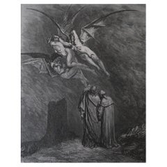 Large Original Antique Print By Gustave Doré, " Furies Before Gates of Idis "
