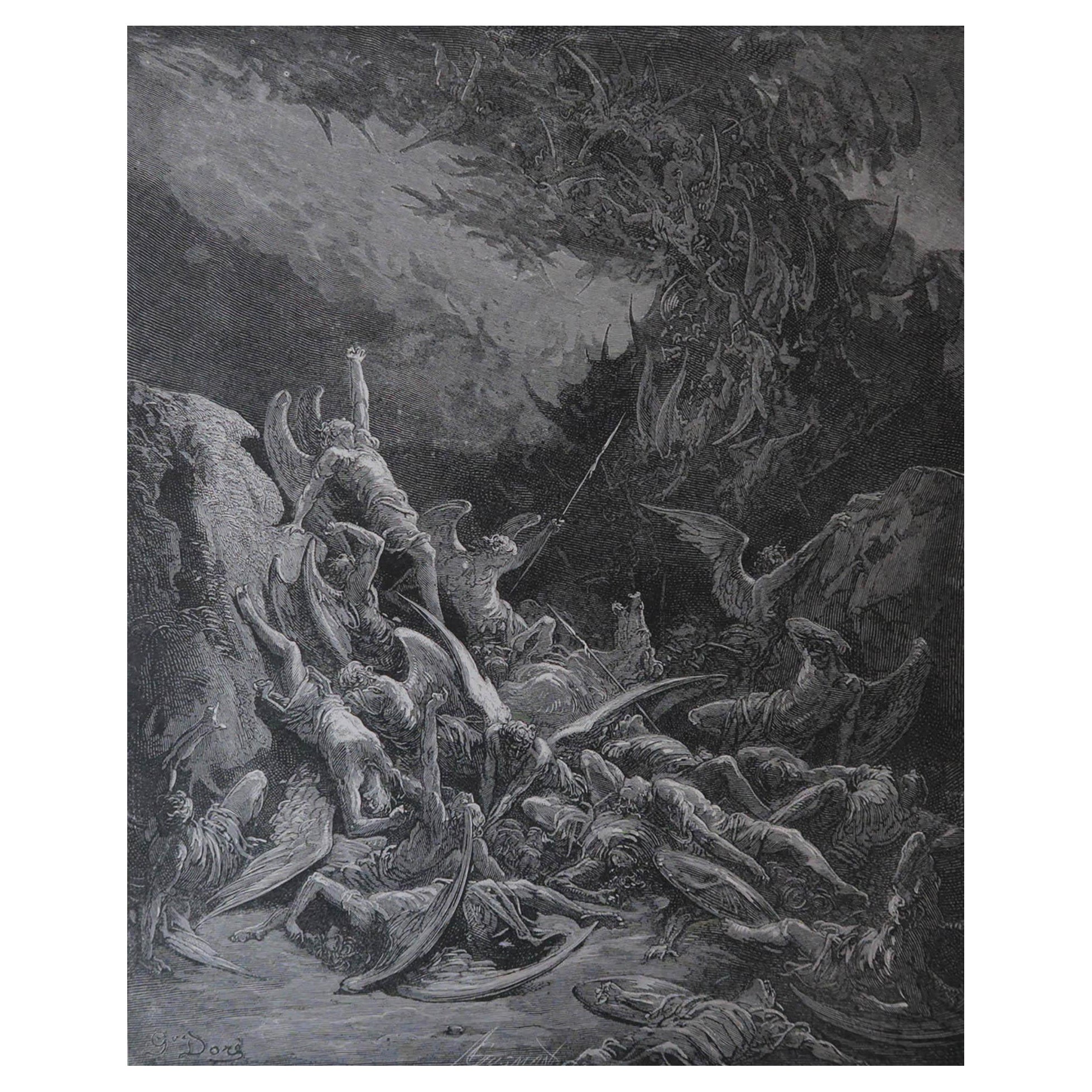 Large Original Antique Print By Gustave Doré, " Fall of The Rebel Angels "