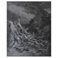Grande stampa originale antica di Gustave Doré, "La caduta degli angeli ribelli".