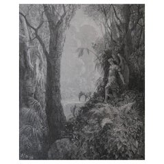 Gran Grabado Antiguo Original de Gustave Doré, " Satán en el Paraíso "