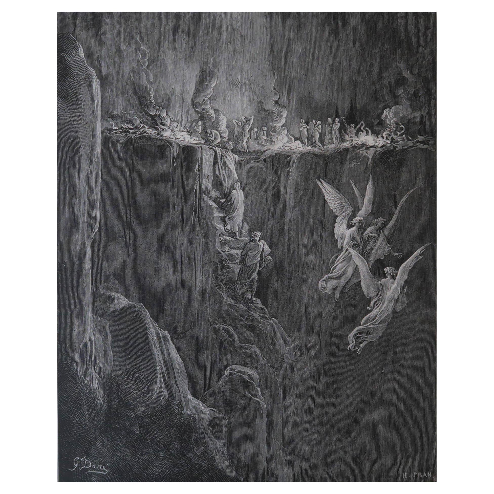 Grande stampa originale antica di Gustave Doré, "Il passo pericoloso".