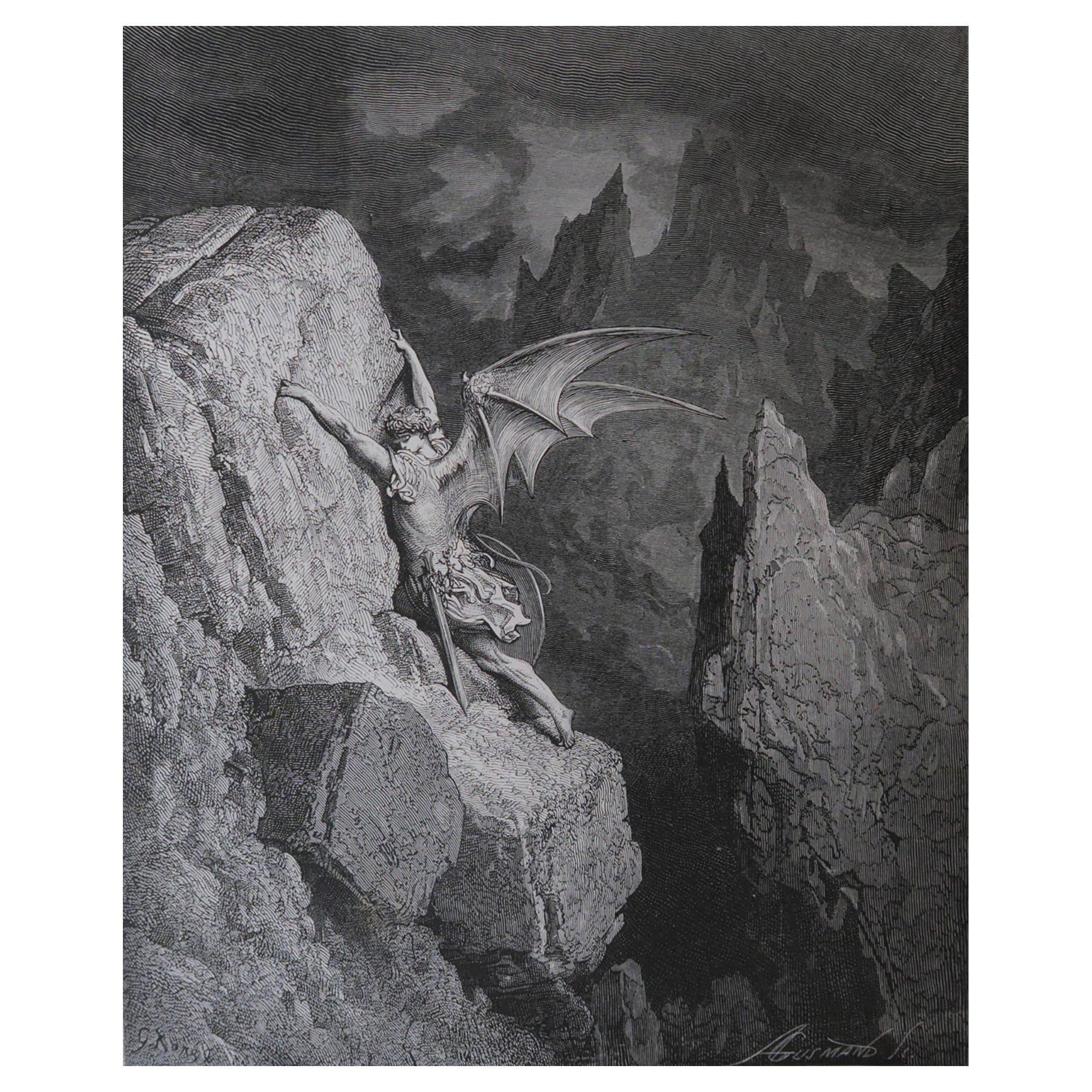 Grande stampa originale antica di Gustave Doré, "La fuga di Satana attraverso il caos".