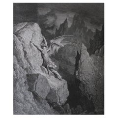 Grande estampe ancienne originale de Gustave Doré, " La fuite de Satan à travers le chaos "