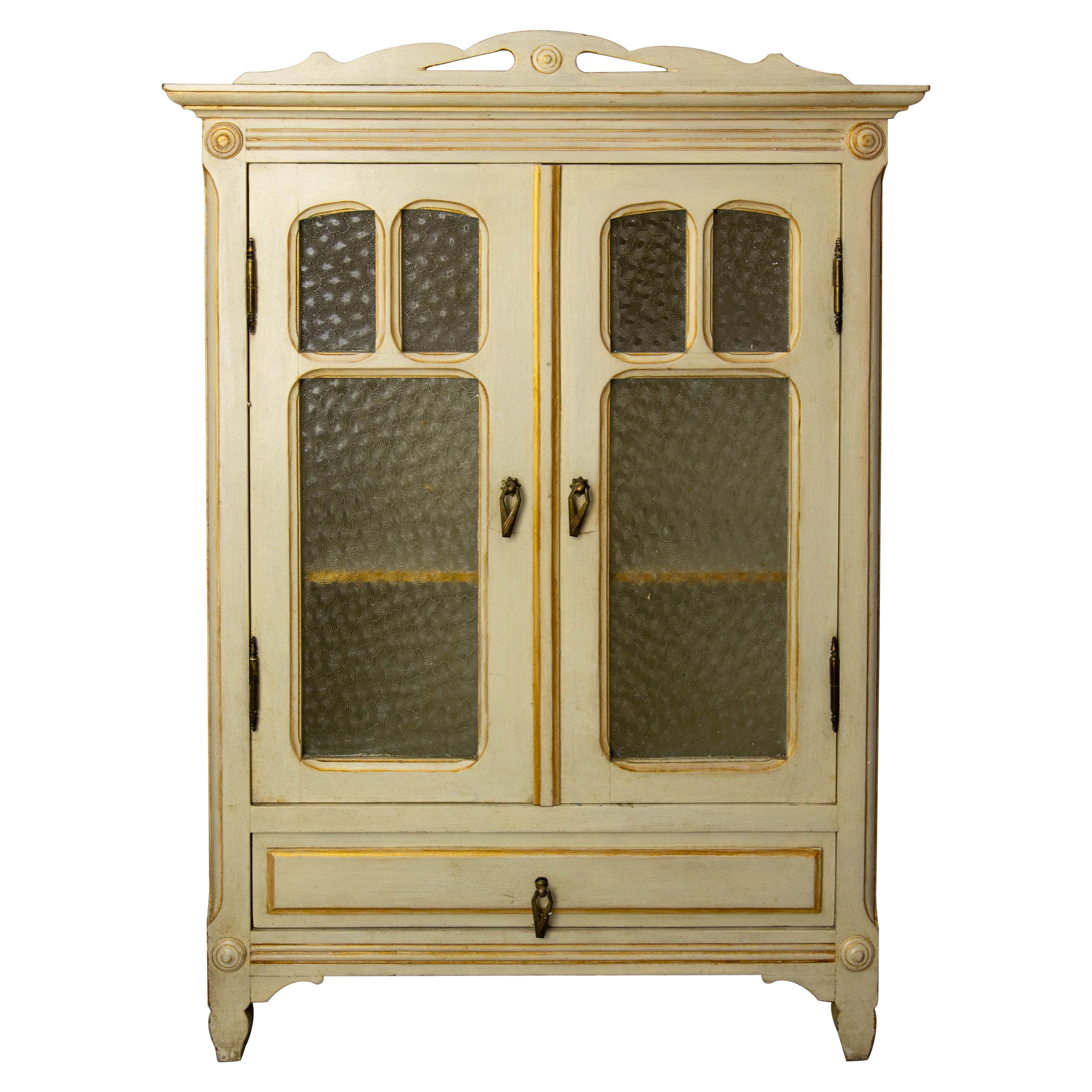 French Painted Wood, Glass & Brass Little Armoire, circa 1920