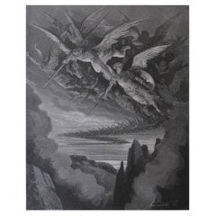 Large Original Antique Print By Gustave Doré, " The Fallen Angels On The Wing "