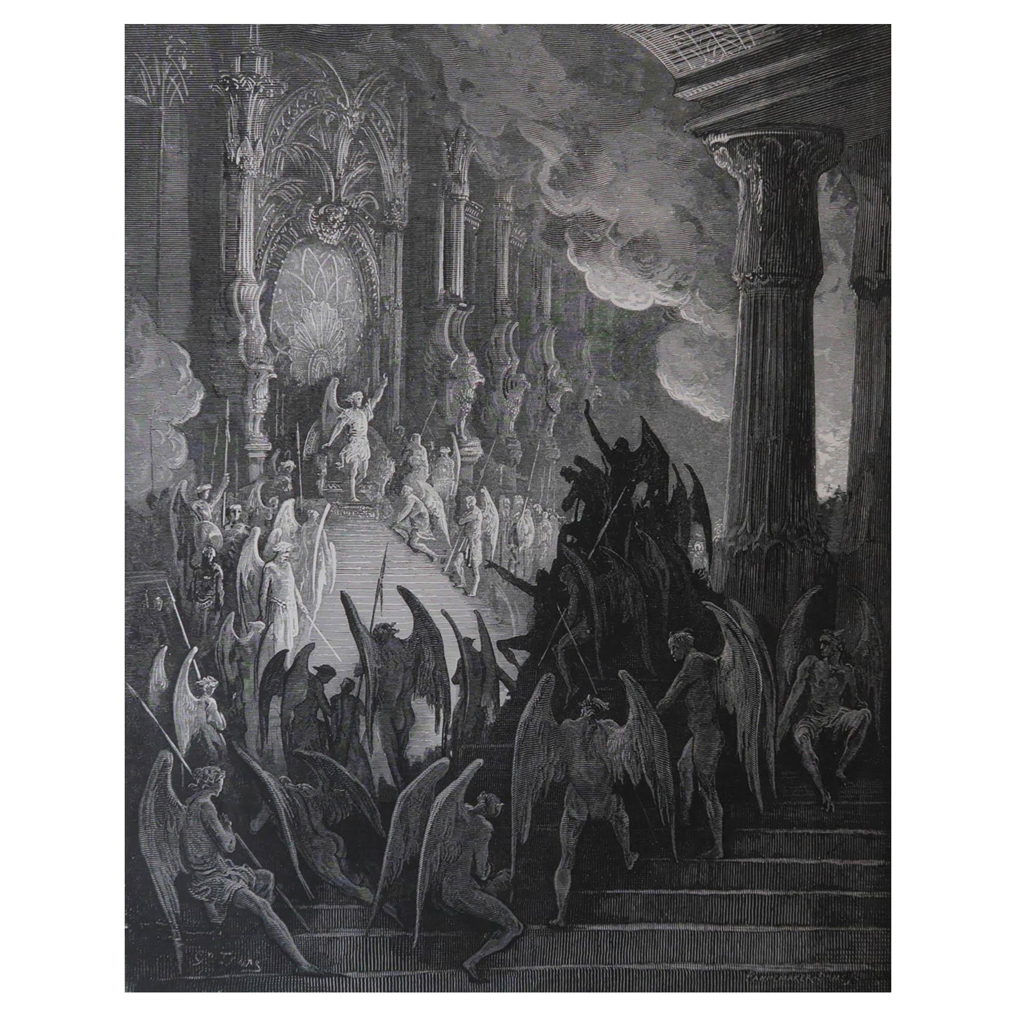 Grande stampa originale antica di Gustave Doré, "Satana in Councill". in vendita