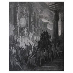 Large Original Antique Print By Gustave Doré, " Satan In Council "