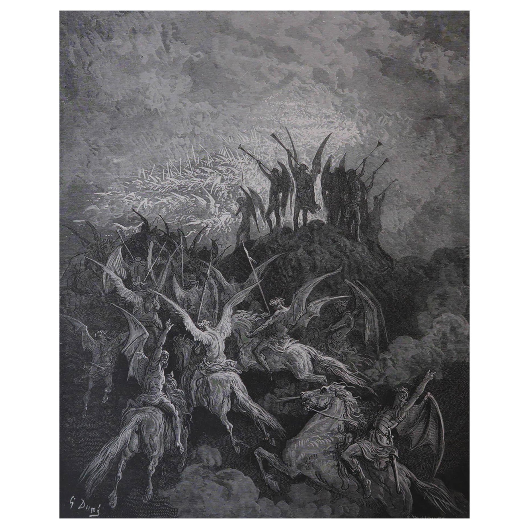 Grande stampa originale antica di Gustave Doré, " Gli angeli ribelli convocati... ".